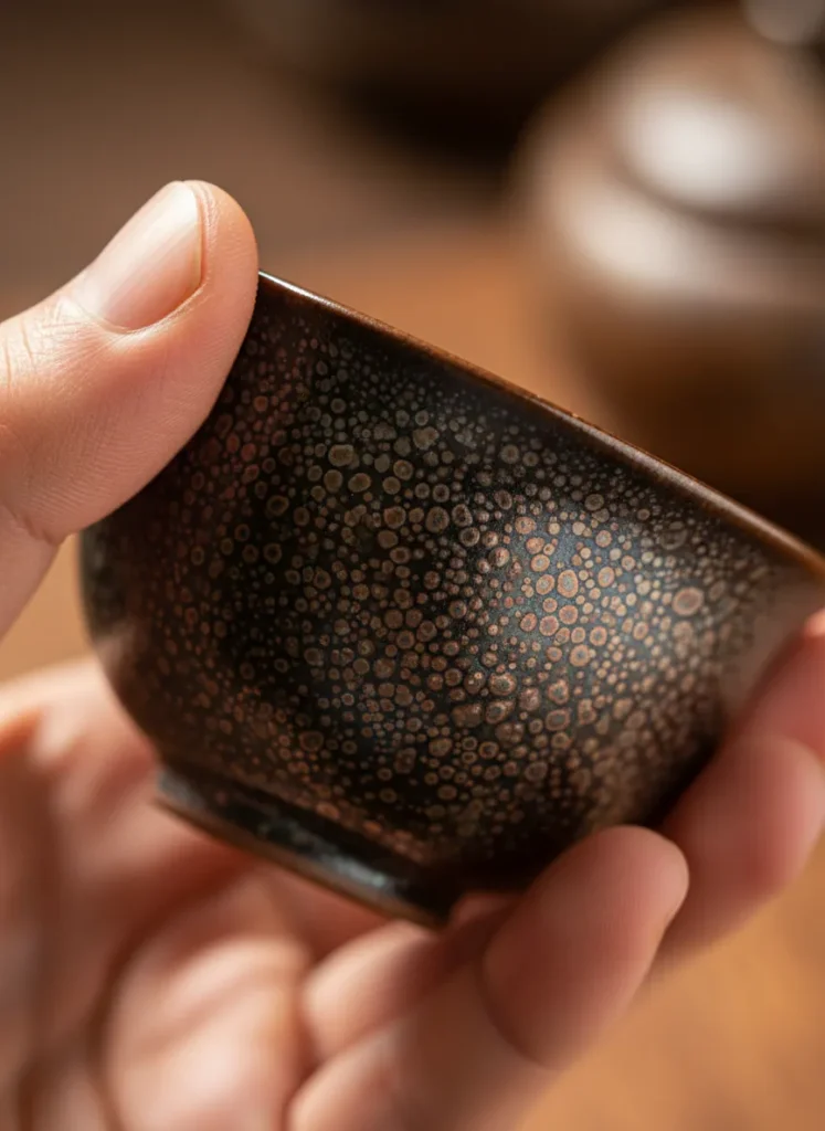 Can You Put Tenmoku Tea Cups in the Microwave? 5 Hand inspecting a Jian Zhan tea cup glaze surface under warm light to check for microwave damage