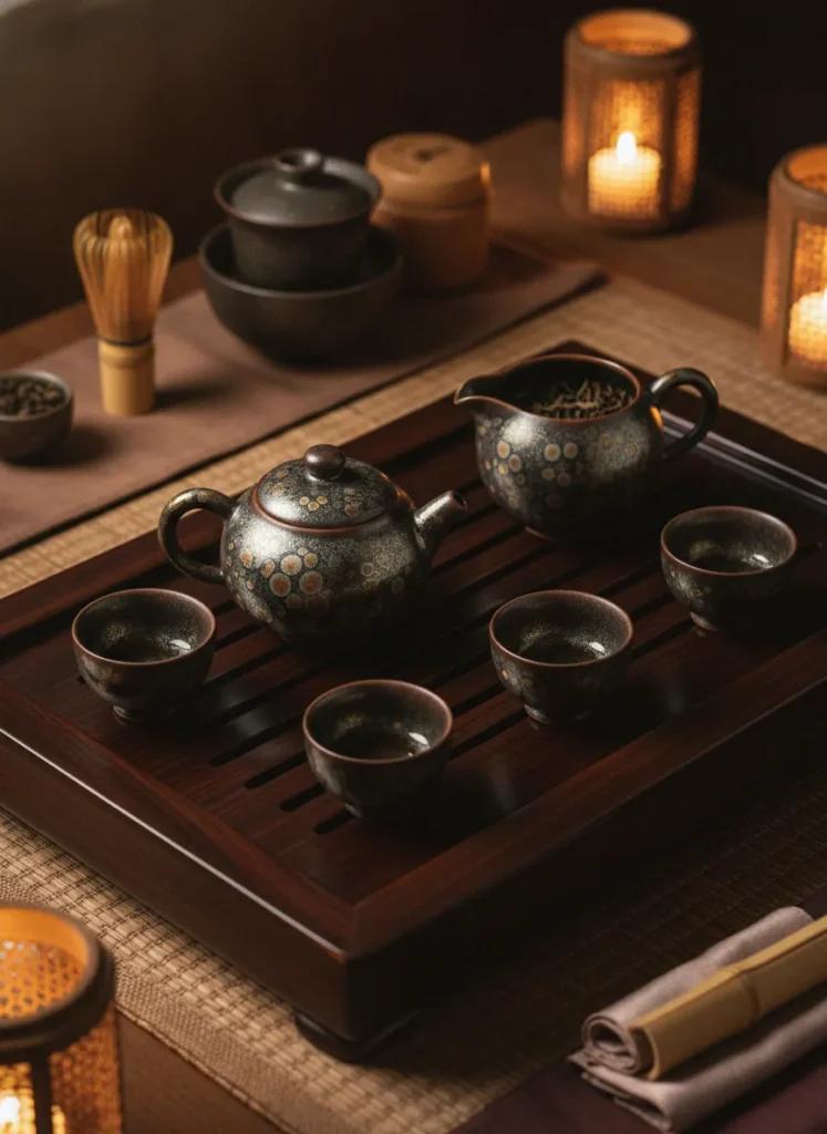 Full Tenmoku tea set featuring matching oil spot glaze on teapot, sharing pitcher, and four cups arranged on a wooden tea tray