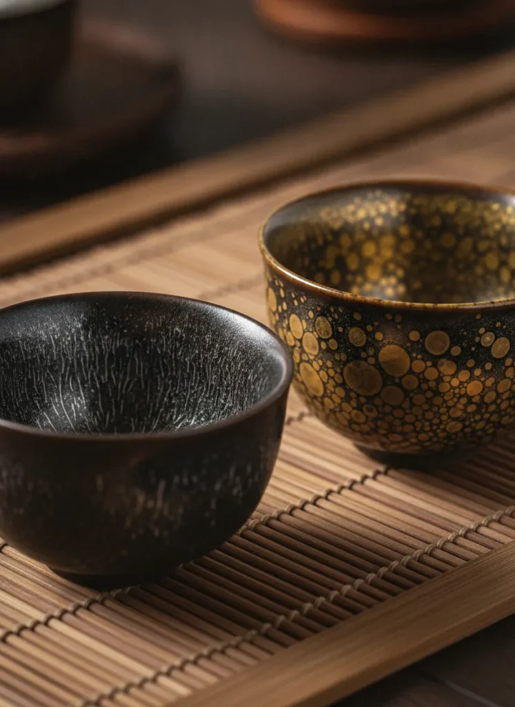 Tenmoku Tea Sets vs Individual Cups: Which Should You Buy? 3 Two individual Jian Zhan tea cups side by side showing hare's fur silver streaks and oil spot golden droplets glaze patterns on a bamboo mat