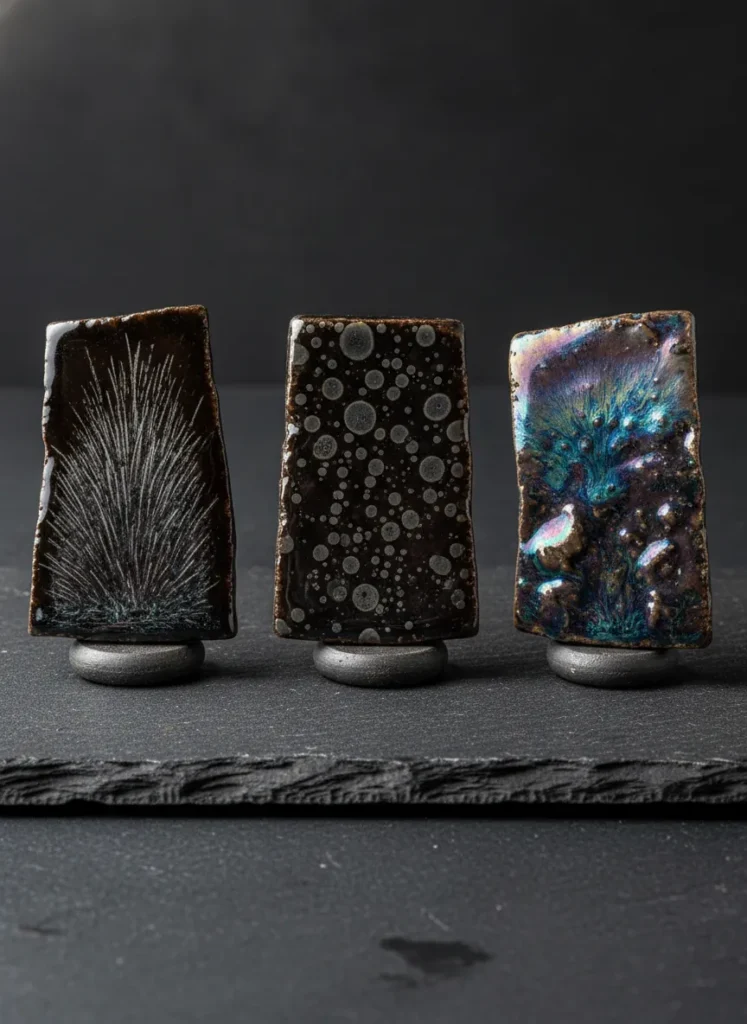 Tenmoku Tea Sets vs Individual Cups: Which Should You Buy? 5 Close-up comparison of three Tenmoku glaze types showing hare's fur silver lines, oil spot metallic droplets, and yao bian iridescent color shift on dark slate