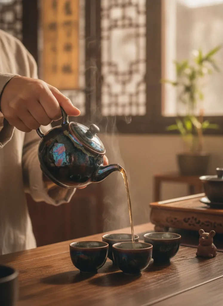 Tenmoku Tea Sets vs Individual Cups: Which Should You Buy? 4 Person pouring tea from a Tenmoku teapot into matching cups during a traditional gongfu tea ceremony with steam rising in warm ambient light