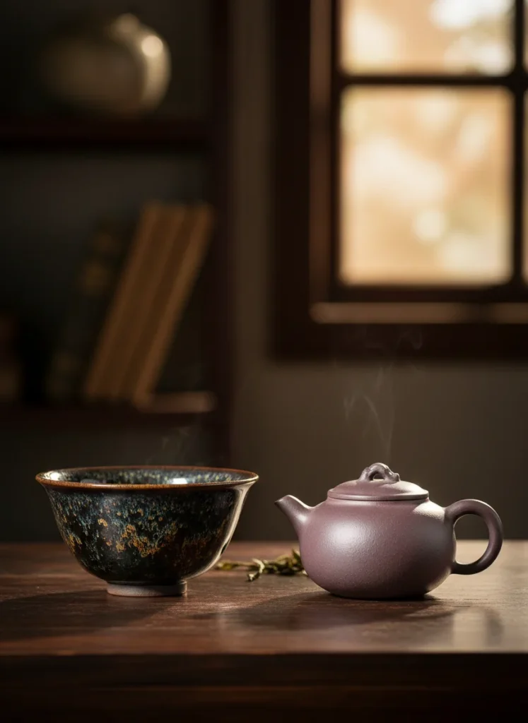How to Host a Gongfu Cha Tea Session at Home 5 Tenmoku cup and Yixing purple clay teapot
