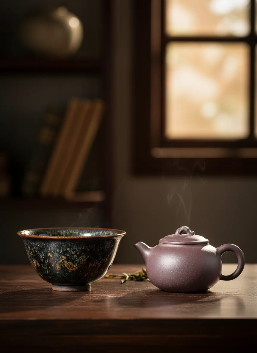 Tenmoku tea cup and Yixing purple clay teapot side by side comparison