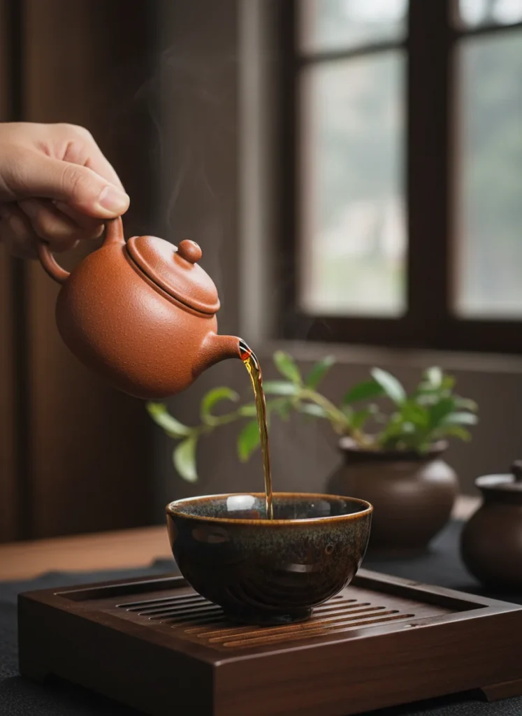 Tenmoku vs Yixing Teapot: Which is Better for Your Tea? 3 Pouring oolong tea from Yixing teapot into dark Tenmoku cup gongfu style
