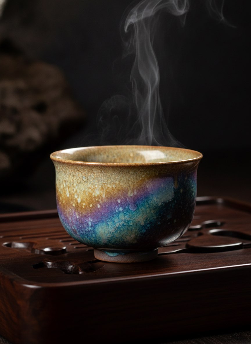 Tenmoku Yao Bian Glaze Pattern Tenmoku Yao Bian glaze pattern tea cup with iridescent color transition
