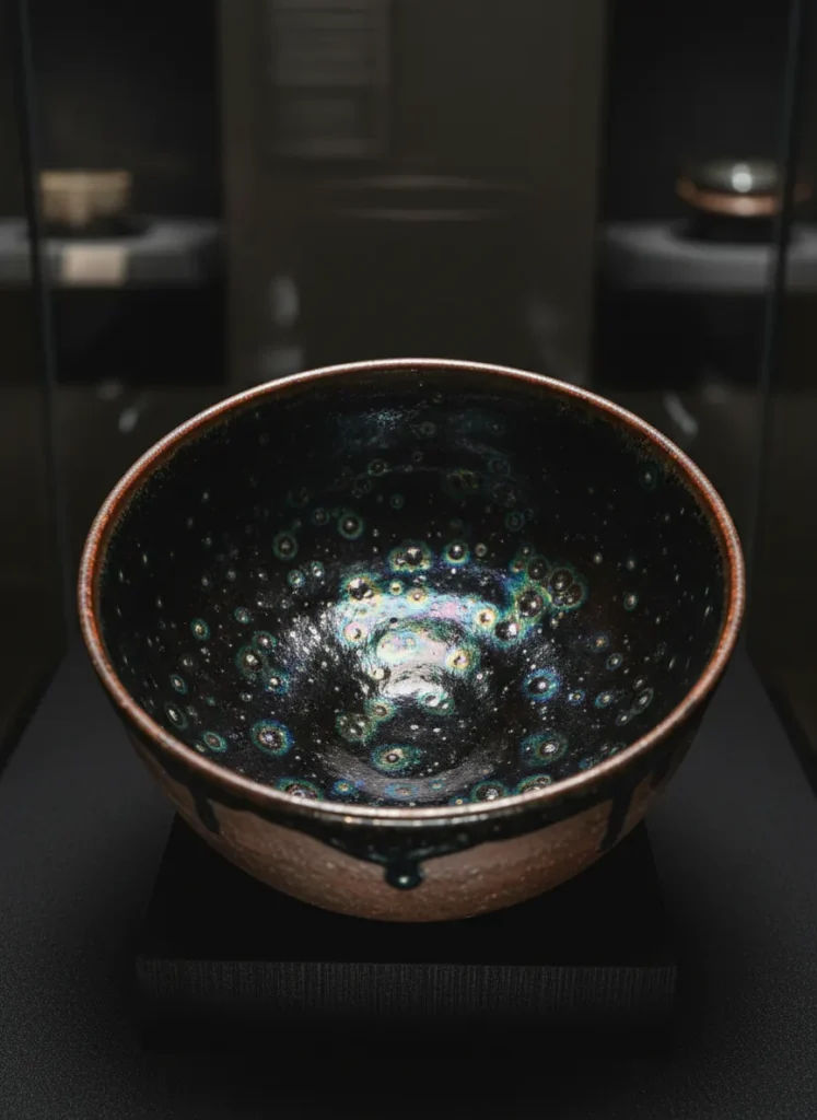 The Meaning of "Yao Bian" in Jianzhan Tianmu 2 Song Dynasty yohen tenmoku tea bowl displaying iridescent yao bian glaze with color-shifting halos in blue green purple and gold under dramatic lighting