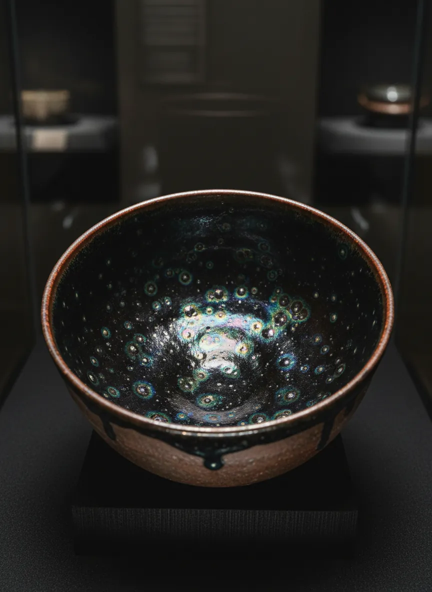 Song Dynasty yohen tenmoku tea bowl displaying iridescent yao bian glaze with color-shifting halos in blue green purple and gold under dramatic lighting