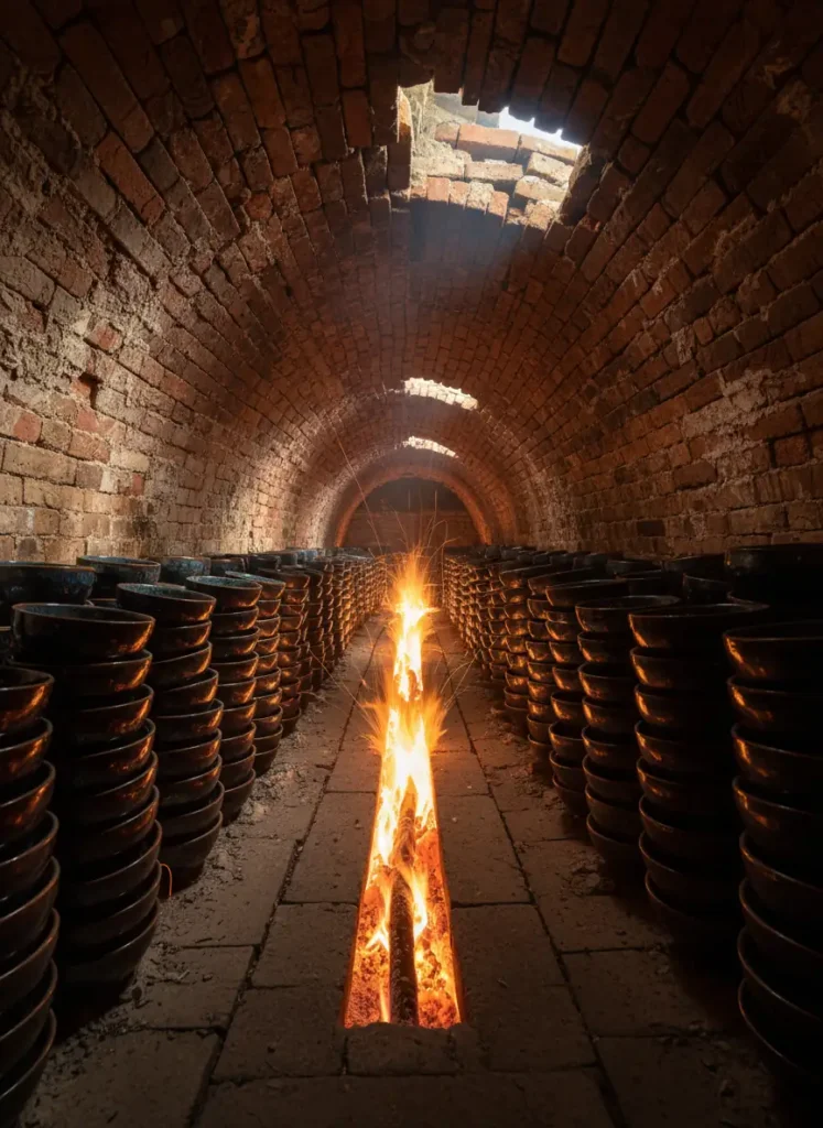 The Meaning of "Yao Bian" in Jianzhan Tianmu 3 Inside a traditional Chinese dragon kiln in Jianyang Fujian, fire illuminating rows of Jian Zhan tea bowls during wood-fired reduction firing process
