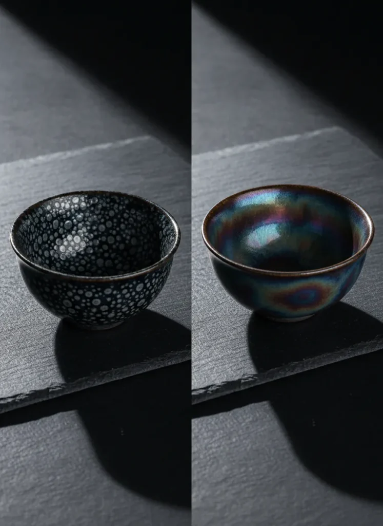 The Meaning of "Yao Bian" in Jianzhan Tianmu 4 Side-by-side comparison of yao bian iridescent glaze and oil spot metallic glaze on Jian Zhan tea bowls, showing the color-shifting difference under angled light