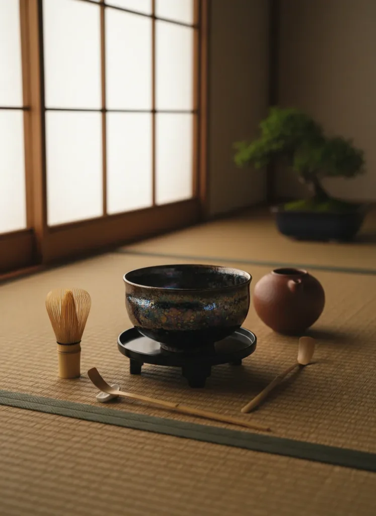 The Meaning of "Yao Bian" in Jianzhan Tianmu 5 Yohen tenmoku tea bowl as centerpiece in a traditional Japanese tea ceremony, soft natural light through shoji screen, tatami mat, zen aesthetic