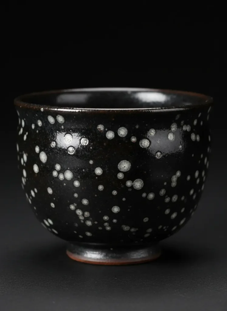 Close-up of authentic partridge spot glaze pattern on a Jian Zhan tea bowl showing round silvery-white crystalline dots on dark iron-rich glaze