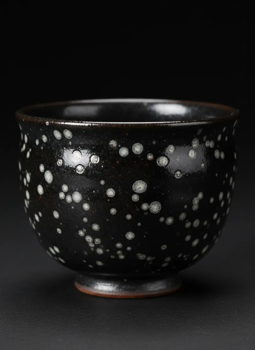 Close-up of authentic partridge spot glaze pattern on a Jian Zhan tea bowl showing round silvery-white crystalline dots on dark iron-rich glaze