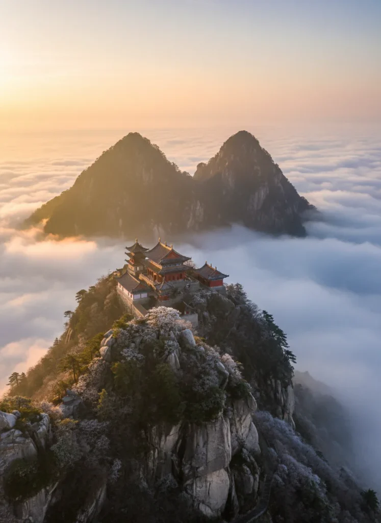 The twin peaks of Tianmu Mountain rising above a sea of clouds at dawn, showing why the mountain is called Heavens Eye