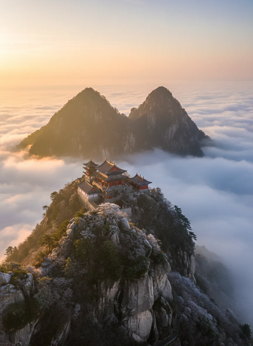 The twin peaks of Tianmu Mountain rising above a sea of clouds at dawn, showing why the mountain is called Heavens Eye