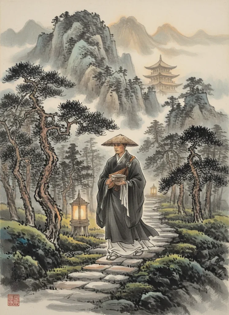 Tianmu Mountain: The Origin of the Tenmoku Name (Heaven's Eye) 3 A Japanese Zen monk carrying an iron-glazed tea bowl from Tianmu Mountain temple
