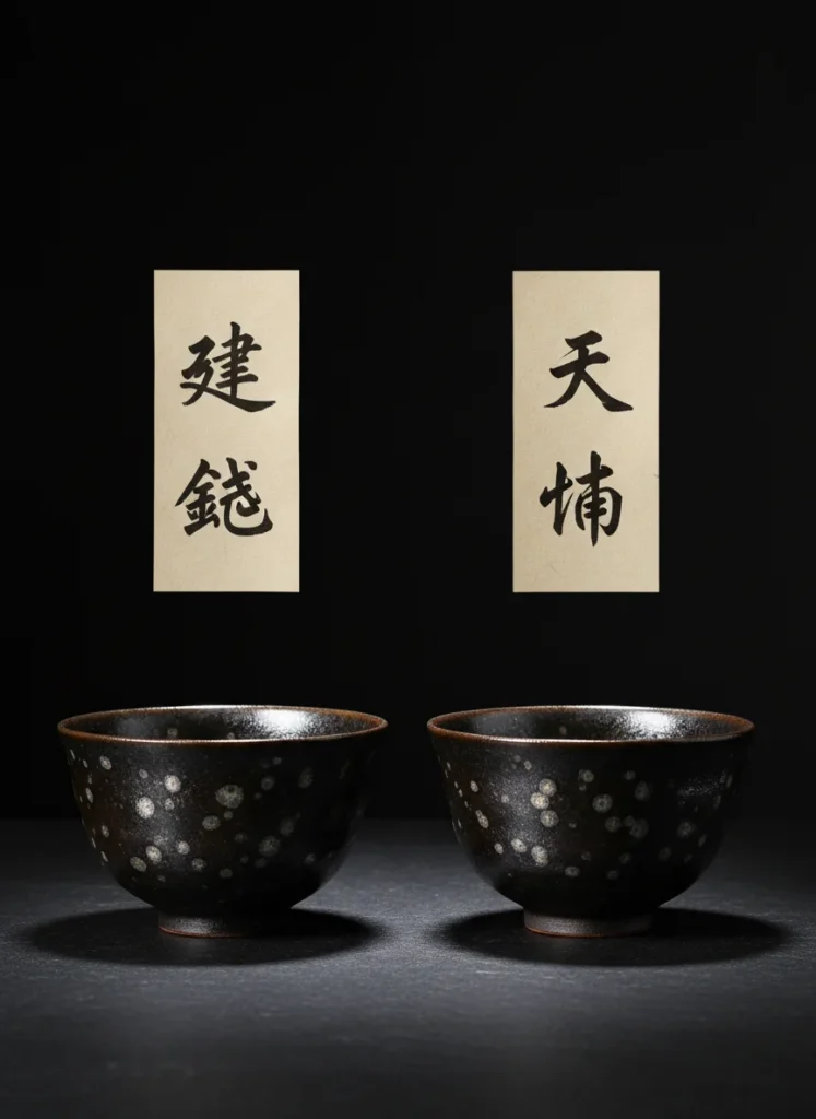 Tianmu Mountain: The Origin of the Tenmoku Name (Heaven's Eye) 4 Side by side comparison showing how the same iron-glazed tea bowl is called Jian Zhan in China and Tenmoku in Japan