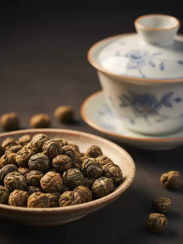 Tieguanyin tea leaves Tieguanyin oolong tea rolled leaves in a ceramic dish