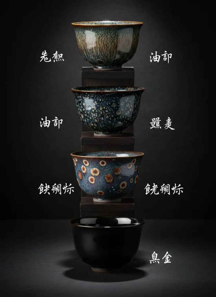 Five Jian Zhan tenmoku tea cups showing different glaze patterns hare fur oil spot yao bian partridge spot and mirror black displayed in museum style