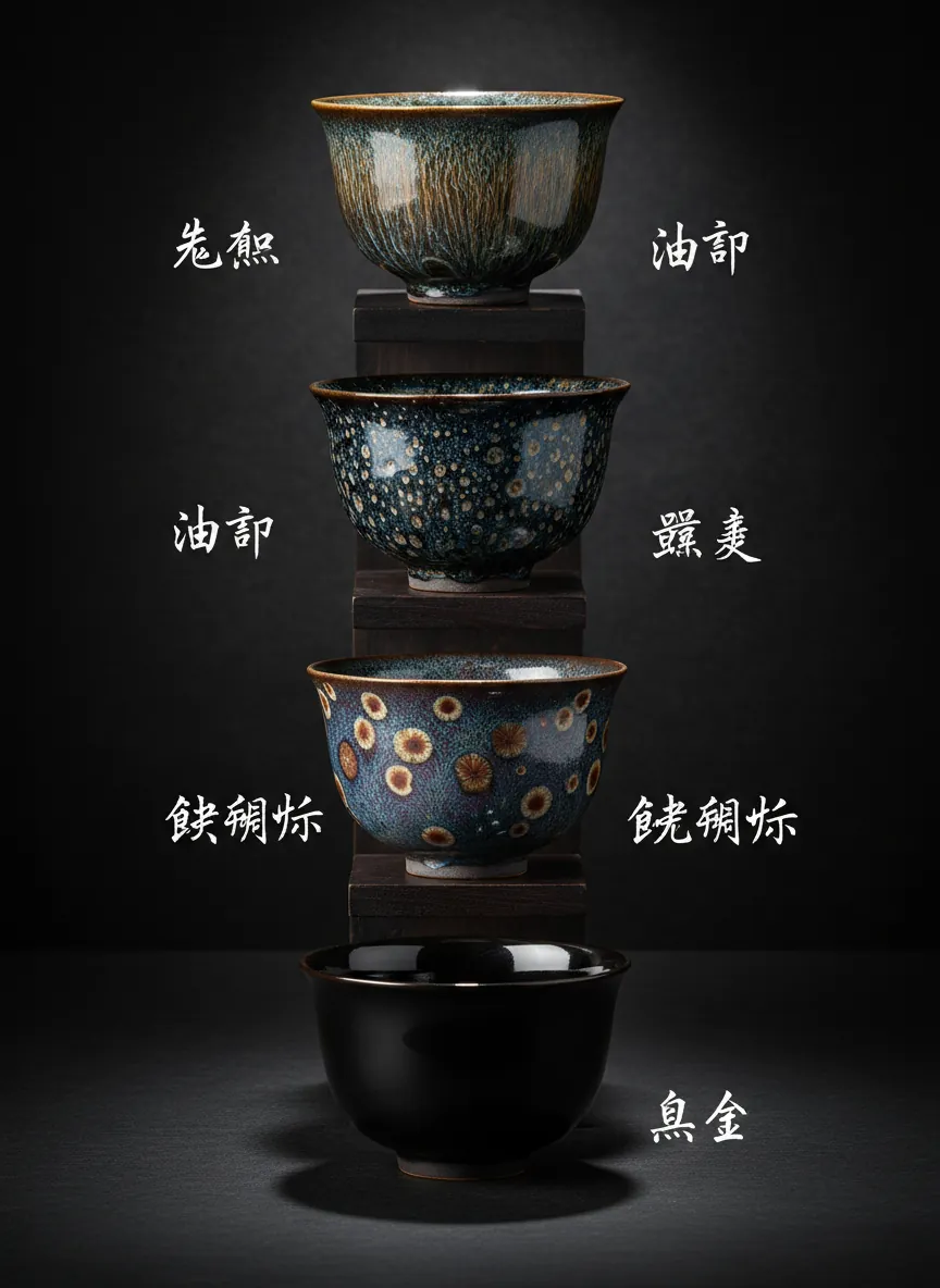 Five Jian Zhan tenmoku tea cups showing different glaze patterns hare fur oil spot yao bian partridge spot and mirror black displayed in museum style