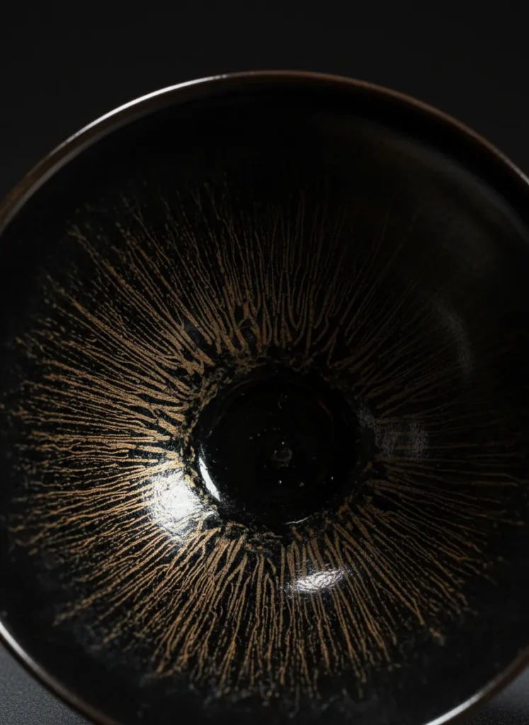 Top 5 Tenmoku Glaze Patterns and What They Mean 3 Macro close-up of hares fur tenmoku glaze pattern with fine golden-bronze streaks radiating from rim the emperors choice