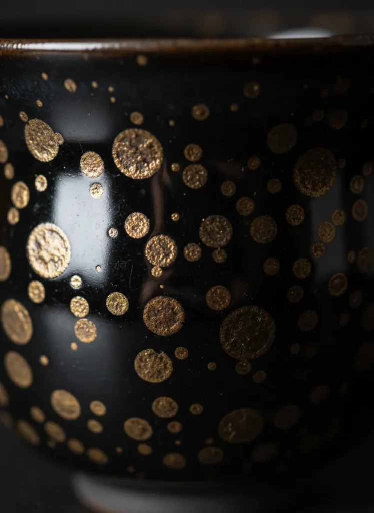 Top 5 Tenmoku Glaze Patterns and What They Mean 4 Macro close-up of oil spot tenmoku glaze with golden metallic circular droplets on mirror-black surface symbolizing fortune and prosperity