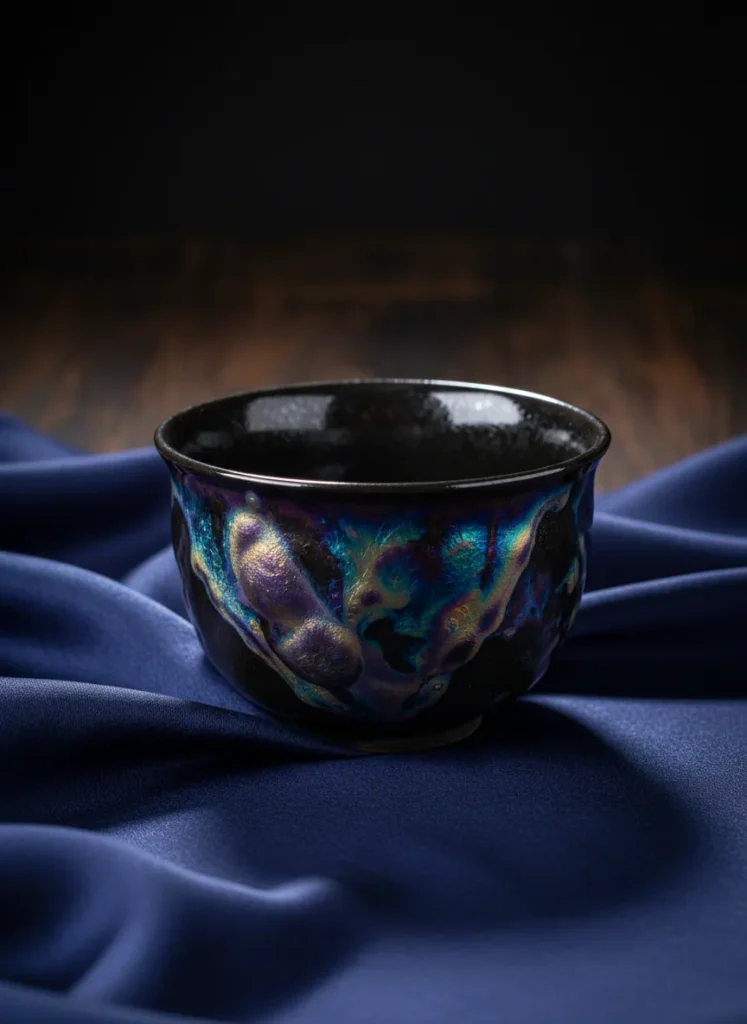 Top 5 Tenmoku Glaze Patterns and What They Mean 5 Yao bian tenmoku tea cup showing rare iridescent color shifts purple blue gold and green the rarest kiln transformation pattern