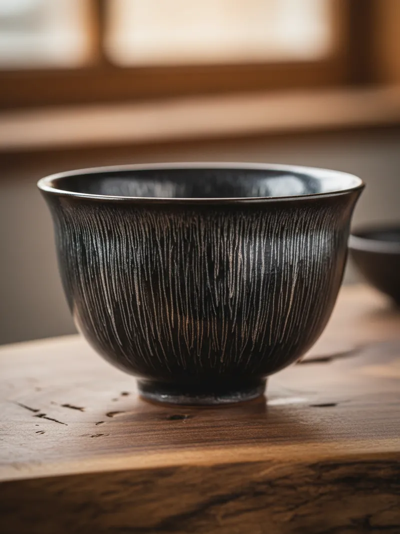 Handmade Jian Zhan tea cup featuring hare's fur glaze pattern with fine silver streaks radiating from rim to base on dark black ceramic