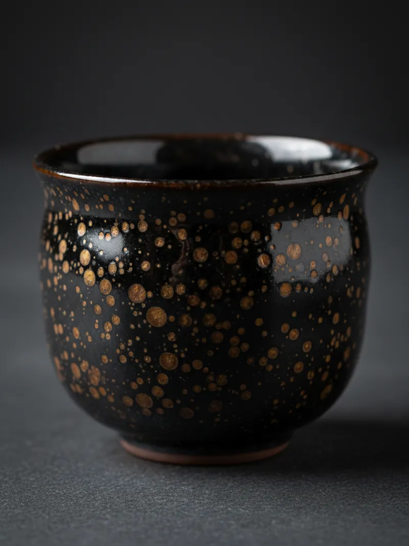Authentic Tenmoku tea cup with oil spot glaze pattern showing round golden metallic droplets