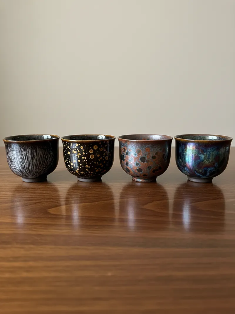 Side by side comparison of four Tenmoku glaze patterns