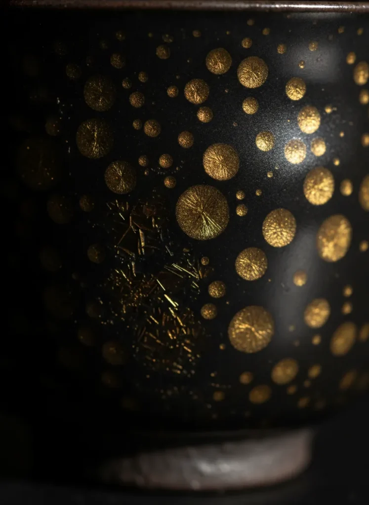 Macro close-up of oil spot tenmoku glaze pattern showing golden metallic circular spots on deep black crystalline surface