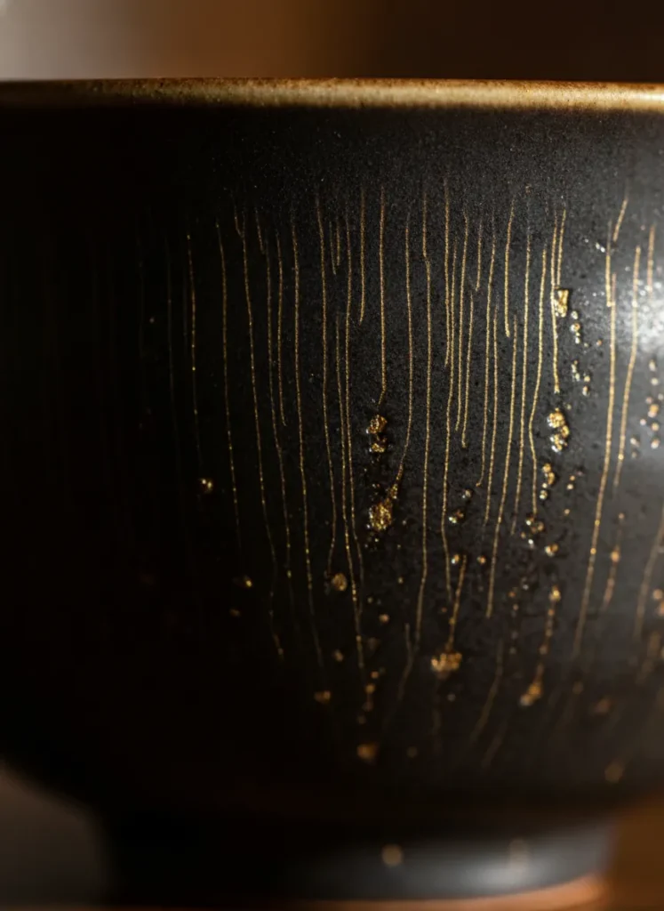 Understanding Tenmoku Glaze Patterns: Oil Spot, Hare's Fur, and Yao Bian Explained 3 Macro close-up of hares fur tenmoku glaze pattern showing fine golden streaks radiating on dark black glaze