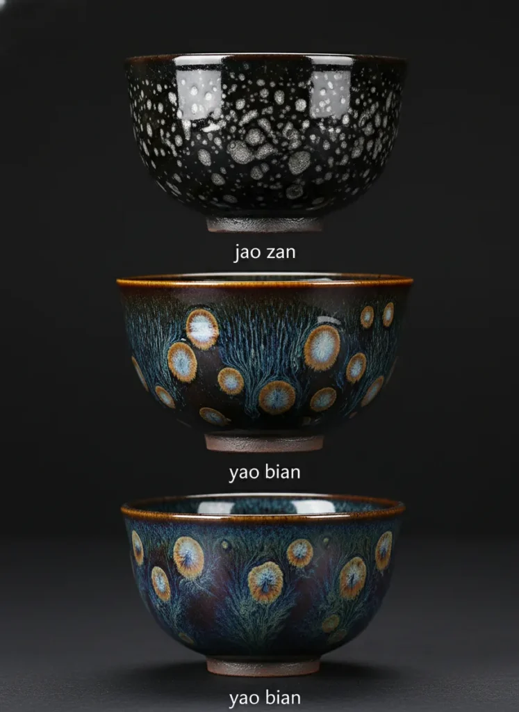 Understanding Tenmoku Glaze Patterns: Oil Spot, Hare's Fur, and Yao Bian Explained 4 Four Jian Zhan tea cups showing different tenmoku glaze patterns oil spot hares fur partridge spot and yao bian