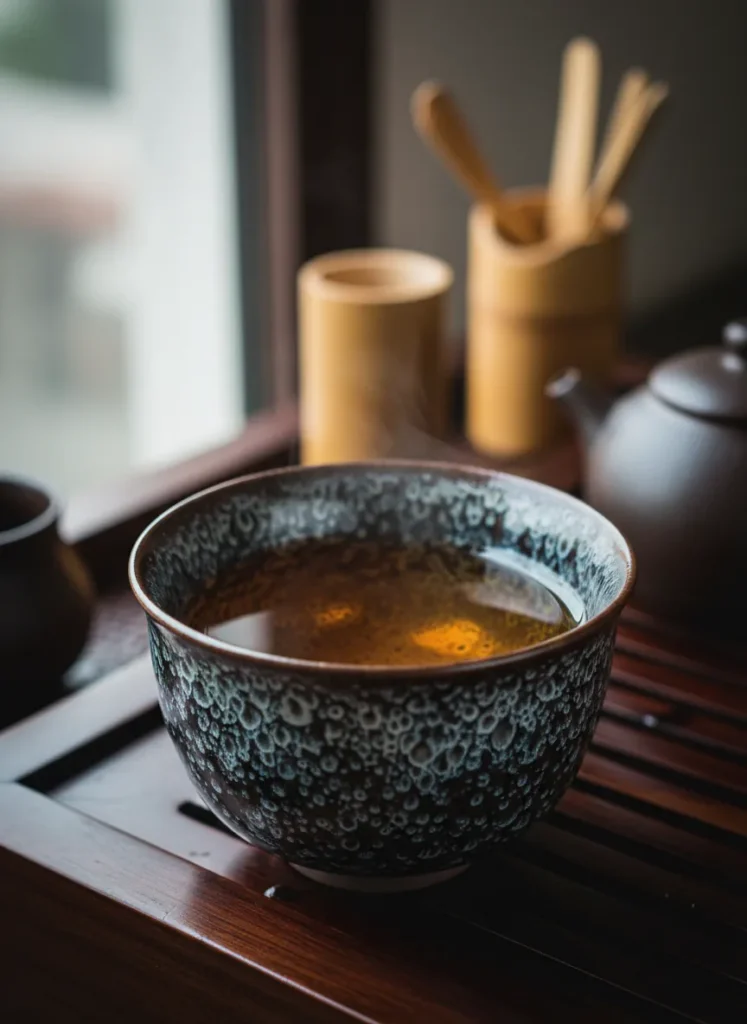 Understanding Tenmoku Glaze Patterns: Oil Spot, Hare's Fur, and Yao Bian Explained 5 Jian Zhan tenmoku tea cup with oil spot glaze filled with amber tea showing how dark glaze enhances tea color