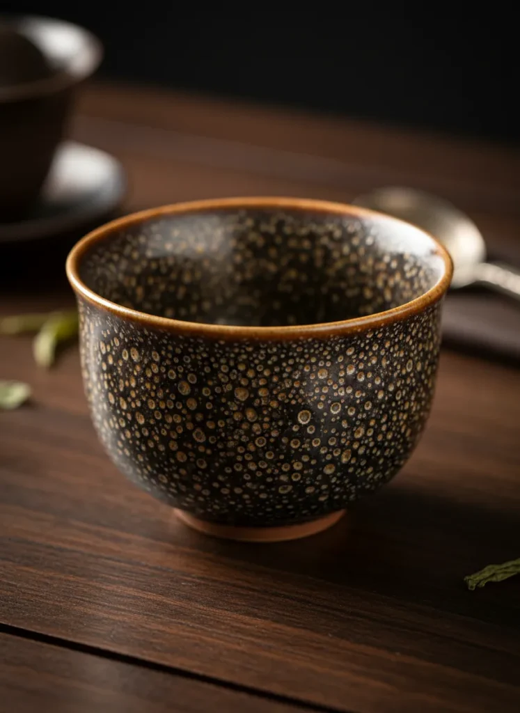 Elegant tenmoku tea cup with oil spot glaze pattern golden metallic droplets on dark ceramic catching light