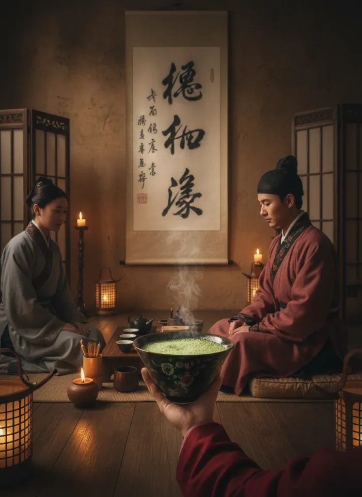 What Is Tenmoku / Jian Zhan? A Complete Beginner's Guide 3 Song Dynasty tea ceremony with Jian Zhan black glazed tea bowl being used for whisked tea in ancient Chinese interior