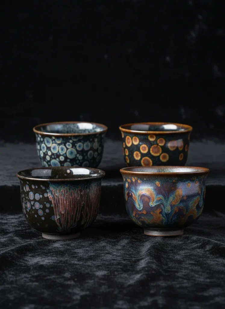 What Is Tenmoku / Jian Zhan? A Complete Beginner's Guide 4 Four different tenmoku glaze patterns on Jian Zhan tea cups oil spot hares fur partridge spot and yao bian