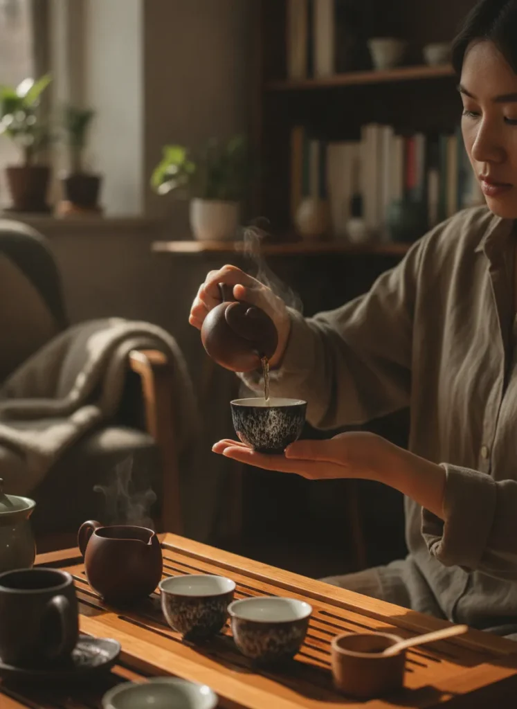 What Is Tenmoku / Jian Zhan? A Complete Beginner's Guide 5 Beginner holding Jian Zhan tea cup with hare fur pattern during first gongfu tea brewing session at home