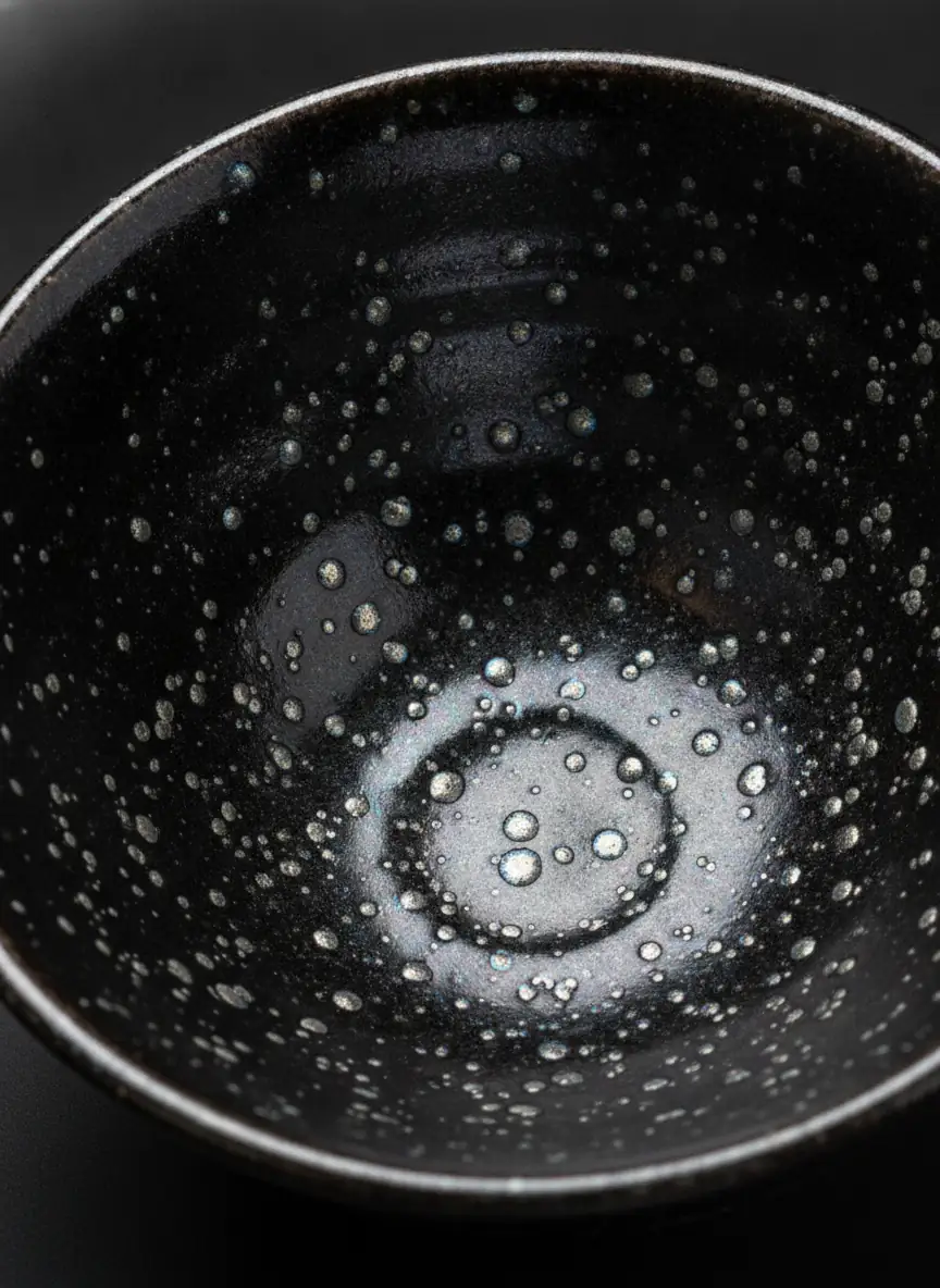 Yuteki Tenmoku tea bowl with authentic silvery oil spot crystals floating on lustrous black glaze, displaying blue-violet iridescence under studio lighting
