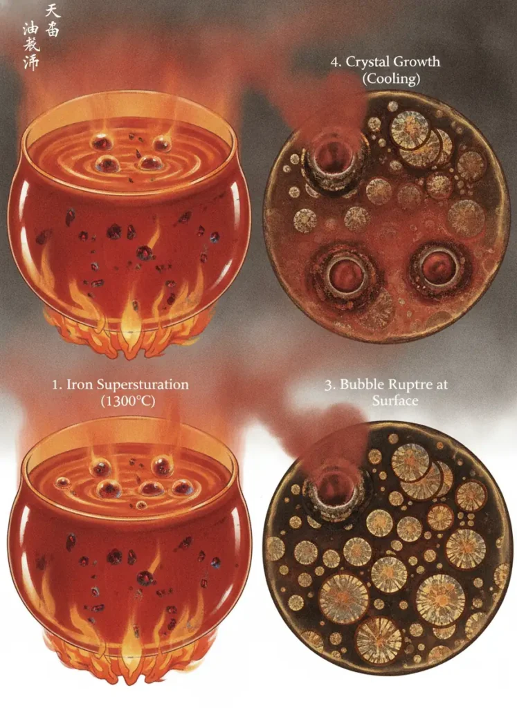 What Makes Yuteki Tenmoku Tea Bowls Special 3 Diagram showing four stages of oil spot crystallization in Tenmoku glaze: iron supersaturation, bubble formation, surface rupture, and crystal growth during kiln cooling