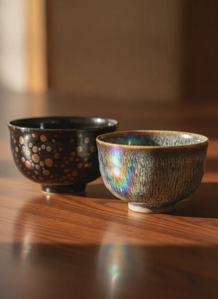 What Makes Yuteki Tenmoku Tea Bowls Special 4 Side by side comparison of three Tenmoku tea bowls showing Yuteki oil spot pattern, Yohen iridescent pattern, and Hare's Fur streaky pattern on dark wood surface