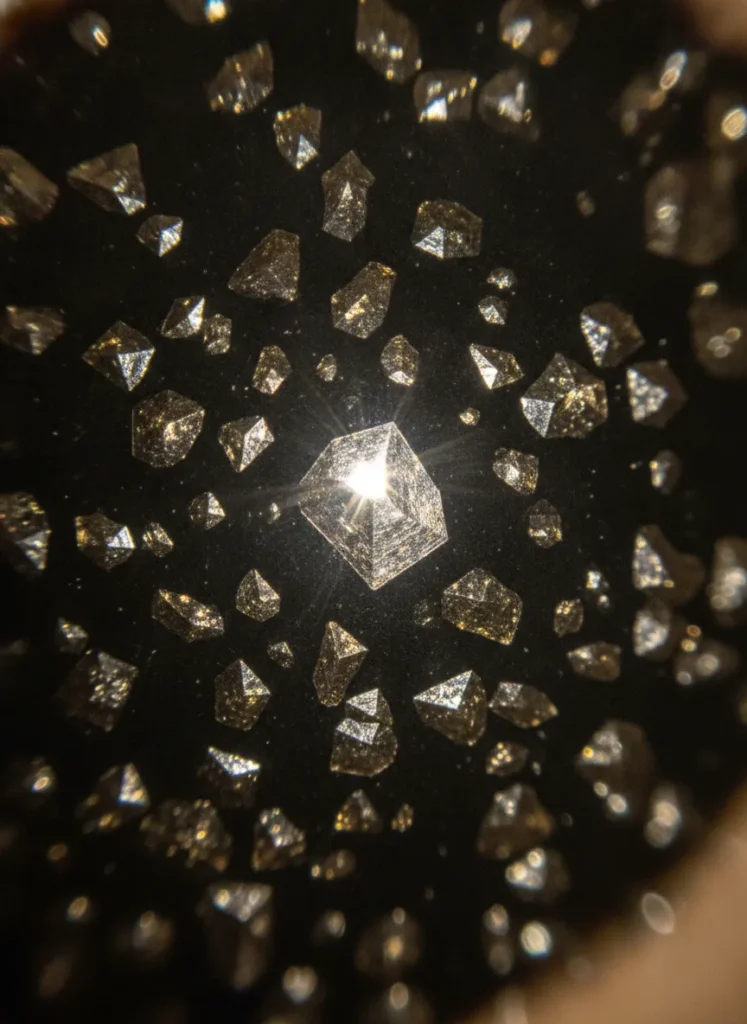 What Makes Yuteki Tenmoku Tea Bowls Special 5 Macro close-up of authentic Yuteki Tenmoku glaze showing faceted metallic epsilon iron oxide crystals with three-dimensional structure in glassy black matrix