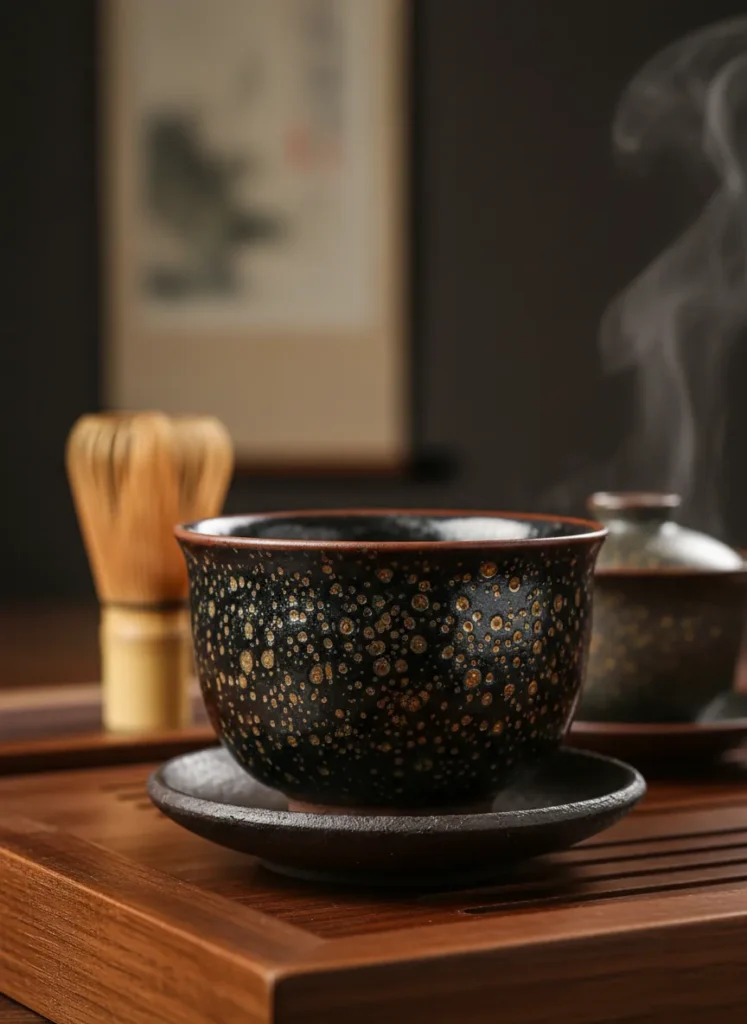 Why Are Jian Zhan Tea Cups So Expensive? The Value Behind the Craft 2 Handmade Jian Zhan tea cup featuring oil spot glaze pattern with golden metallic droplets on dark ceramic surface