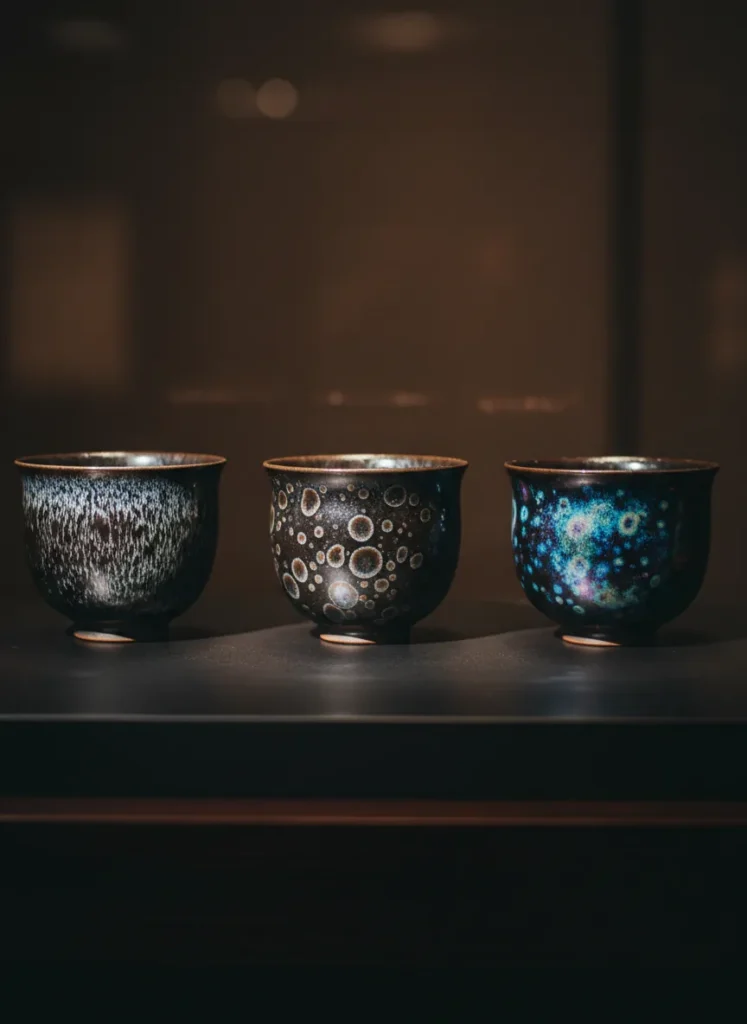 Why Are Jian Zhan Tea Cups So Expensive? The Value Behind the Craft 5 Comparison of three Jian Zhan tea cup glaze patterns: hare fur with silver lines, oil spot with golden droplets, and yohen with iridescent color shift