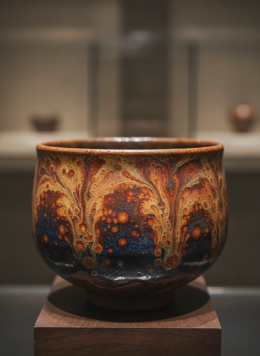 Dragon kiln wood-fired Jian Zhan tea bowl with warm organic glaze patterns