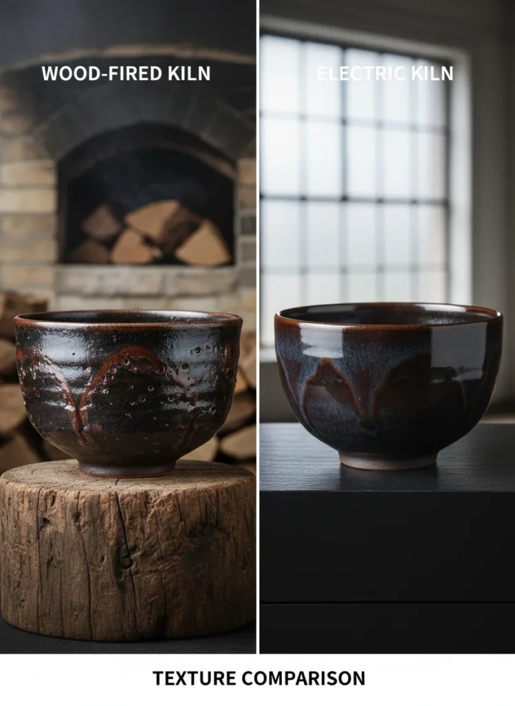 The difference between the glaze of wood-fired Jianzhan and the glaze of electric kiln-fired Jianzhan 3 Side by side comparison of wood-fired and electric kiln Jian Zhan texture