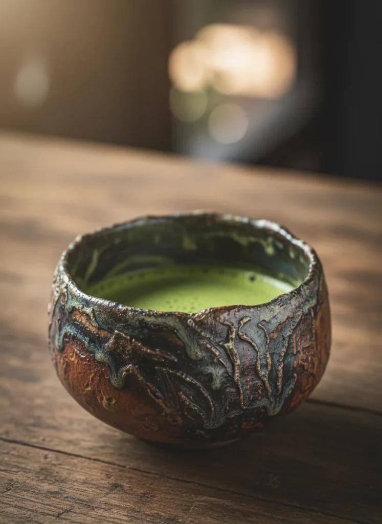 The difference between the glaze of wood-fired Jianzhan and the glaze of electric kiln-fired Jianzhan 5 Wood-fired Jian Zhan with matcha showing natural ash marks and organic patterns