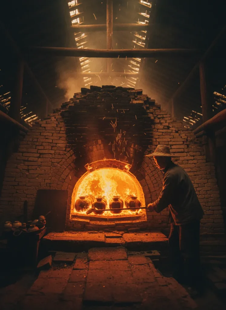 Wood-Fired vs Electric-Fired Jian Zhan: Key Differences & How to Choose 2 Traditional Chinese dragon kiln firing Jian Zhan tea cups with intense fire and smoke at 1300 degrees