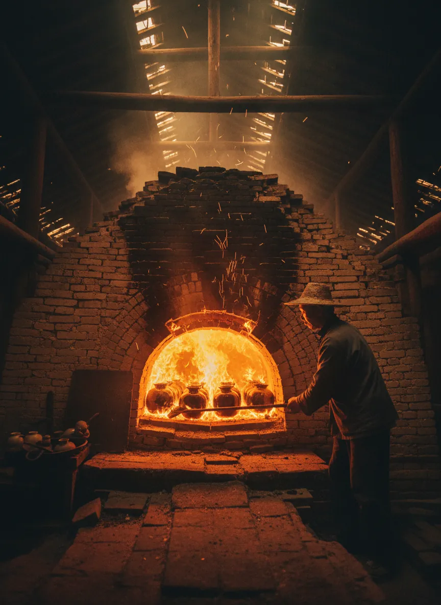 Traditional Chinese dragon kiln firing Jian Zhan tea cups with intense fire and smoke at 1300 degrees