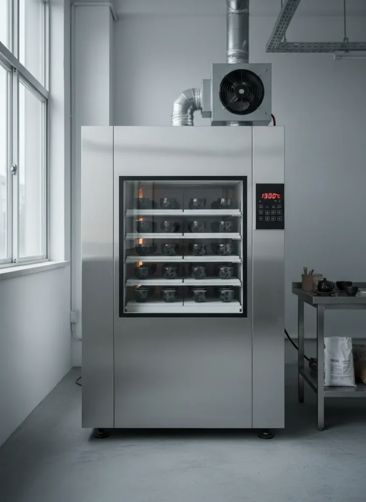 Wood-Fired vs Electric-Fired Jian Zhan: Key Differences & How to Choose 3 Modern electric pottery kiln with digital temperature control firing Jian Zhan tea cups with precise regulation