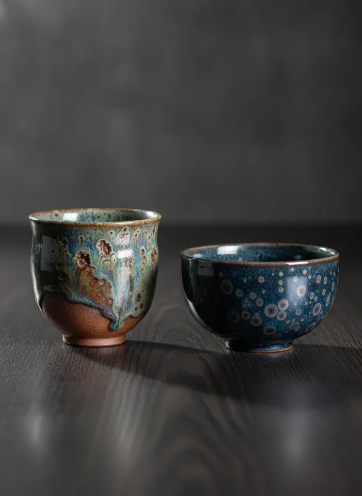 Wood-Fired vs Electric-Fired Jian Zhan: Key Differences & How to Choose 4 Side by side comparison of wood-fired Jian Zhan with organic varied patterns versus electric-fired with uniform glaze